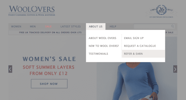 Woolovers Referral program on homepage