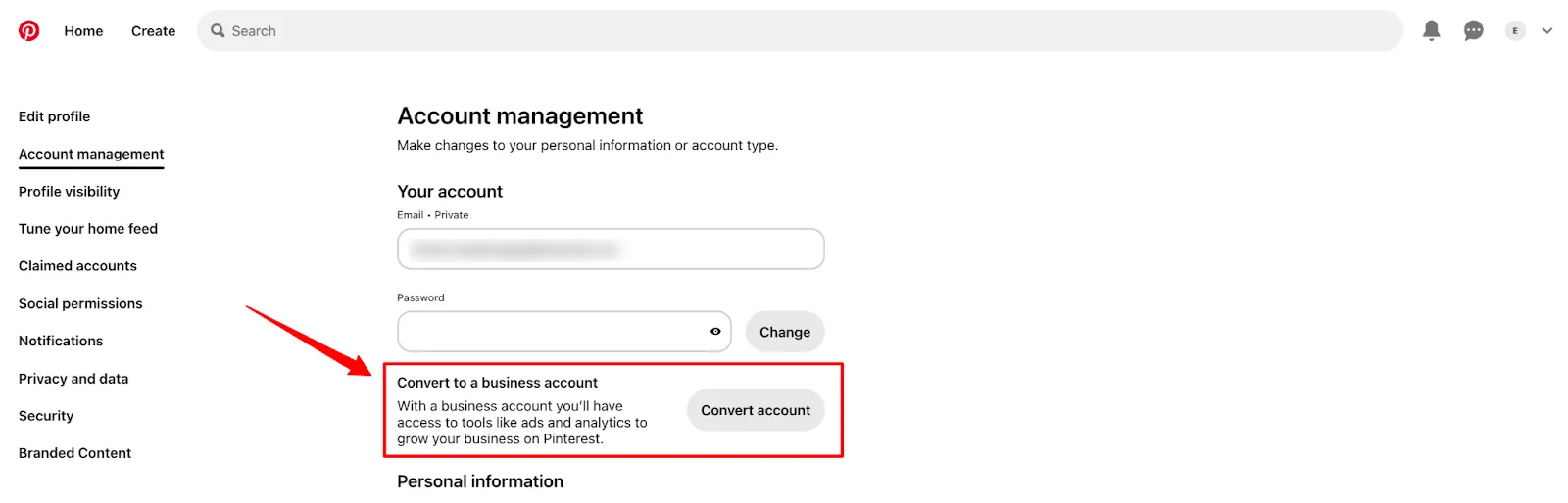 Pinterest account management page