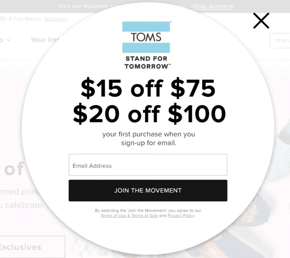 Toms Shoes CTA example
