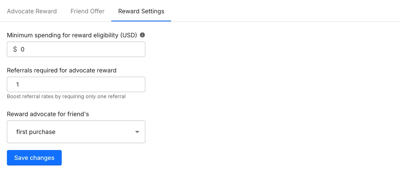 Affiliate reward settings
