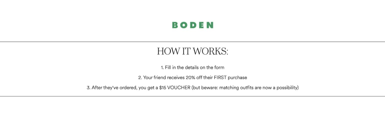 A screenshot of how Boden referral program works