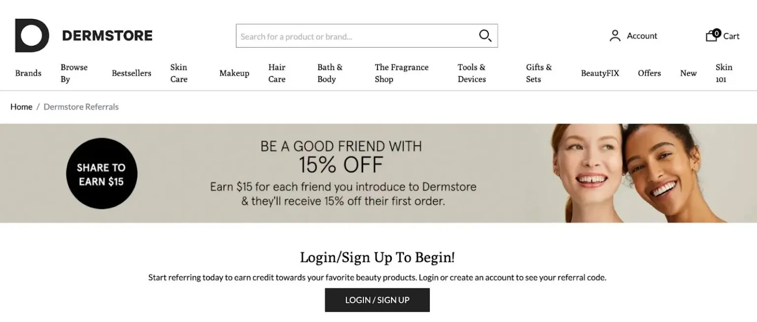 screenshot of dermstore be a good friend program