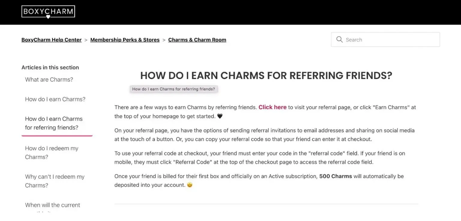 Boxycharm FAQ section for referral program