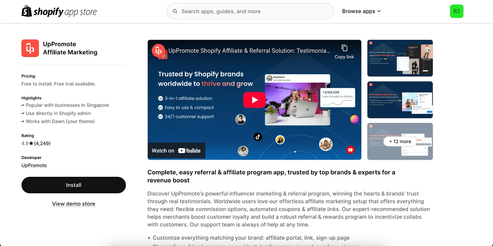 UpPromote Shopify app store page