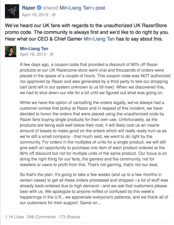 razer 90 percent discount mistake