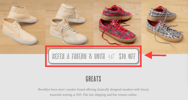 Greats landing page referral program CTA